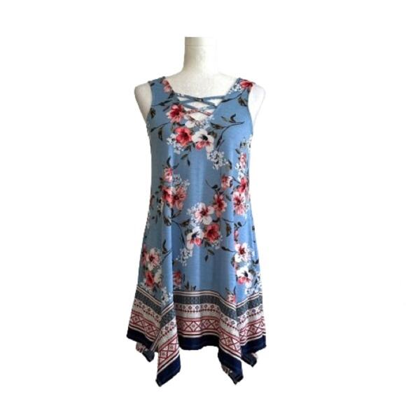 Three Pink Hearts Blue Floral Sleeveless Handkerchief Tunic Top Dress XS NEW - Picture 1 of 10